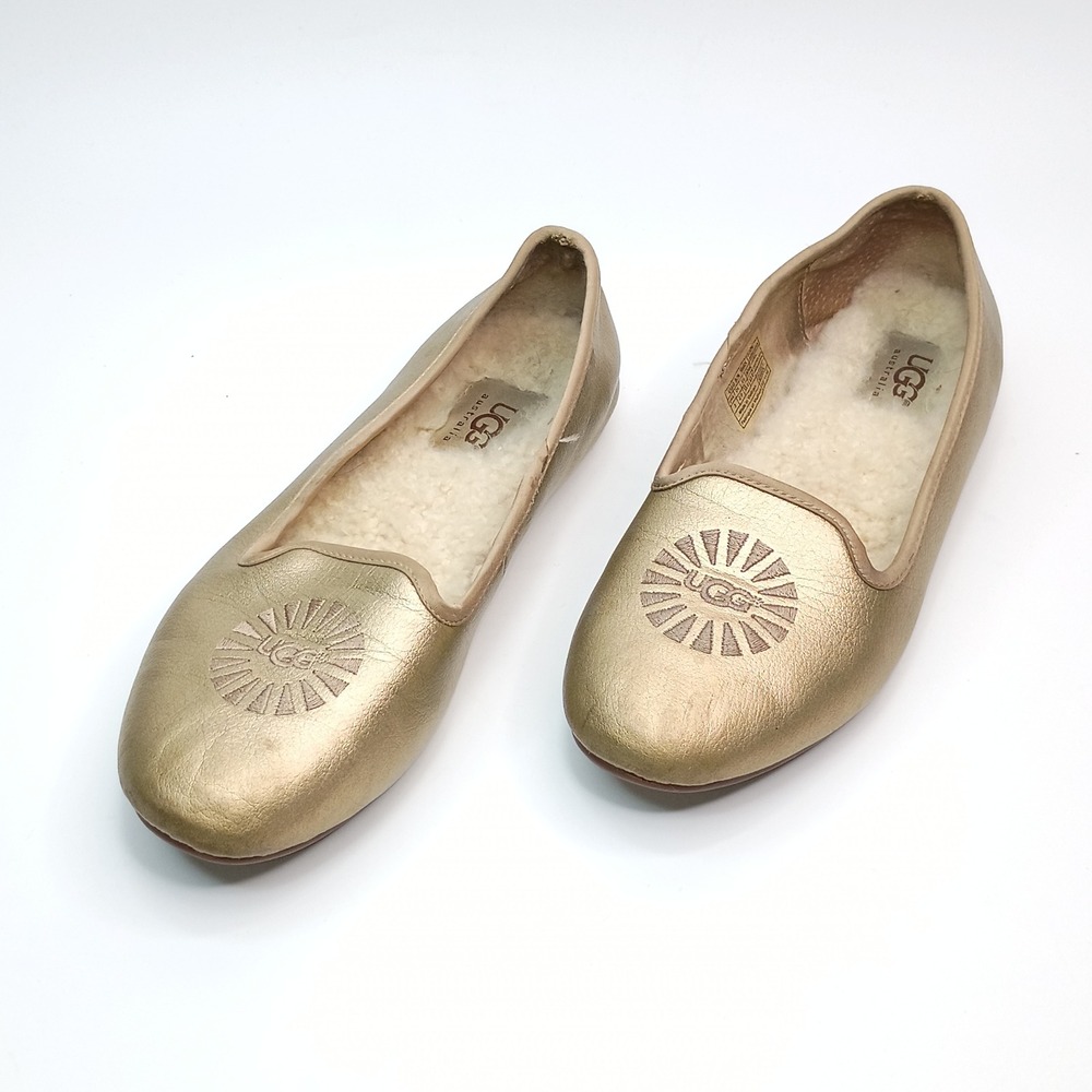 UGG Sheepskin Flat Kids Size 3 Gold Metallic Leather‎ Sheepskin Lined 1004462K